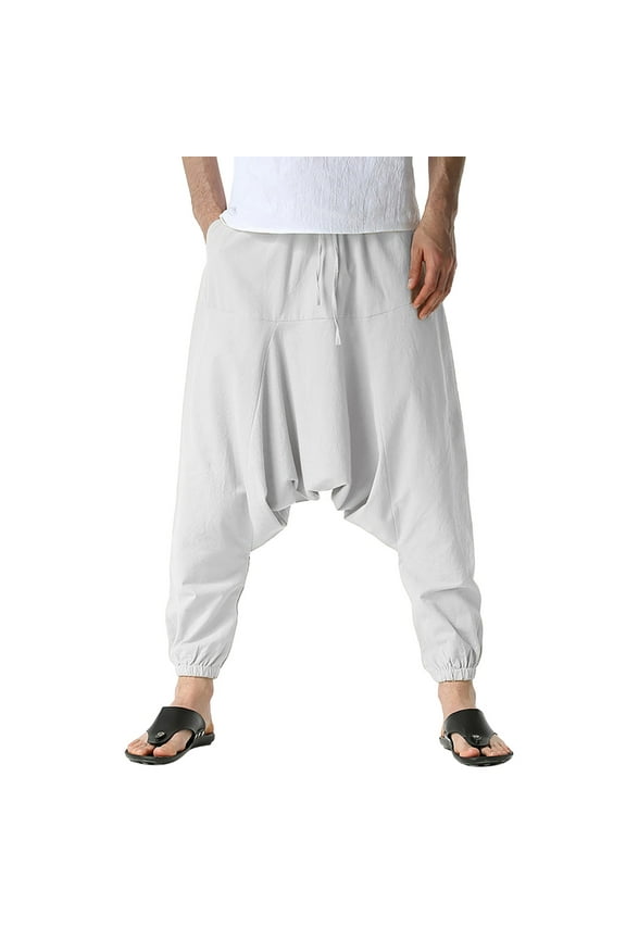 Men Hippie Harem Pants Baggy Linen Cotton Boho Yoga Pants Summer Beach Pants Casual Drop Crotch Trouser