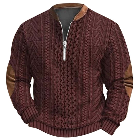 QHFBli Men's Basic Crewneck Sweatshirt 2024 Autumn Winter Men Fashion Casual 3D Digital Print Knitted Sweater Fabric Half Zip Round Neck Wine XL
