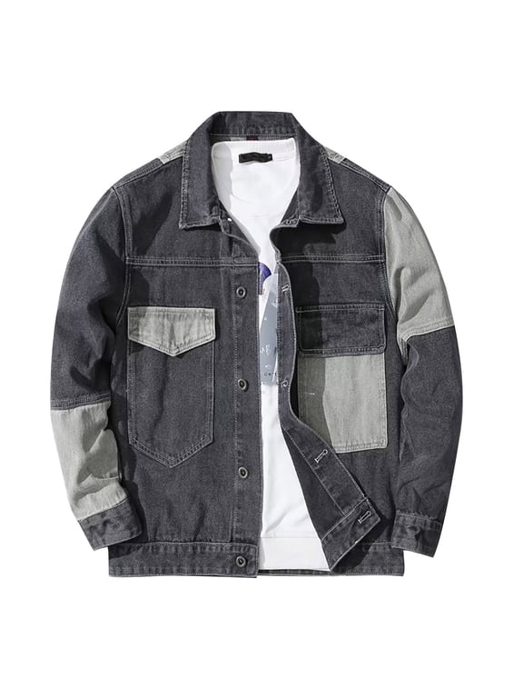 Men's Button-Down Denim Jacket Men's Denim Jacket Long Sleeve Collar Shirt Hop Style Casual Outerwear Coat Grey XXXL