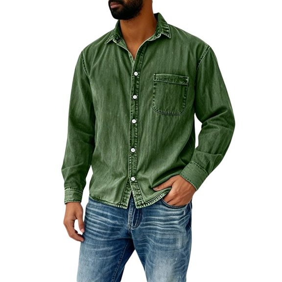 QHFBli Men's Casual Shirts Long Sleeve Slim Fit Button Down Jean Denim Work Shirt with Pockets