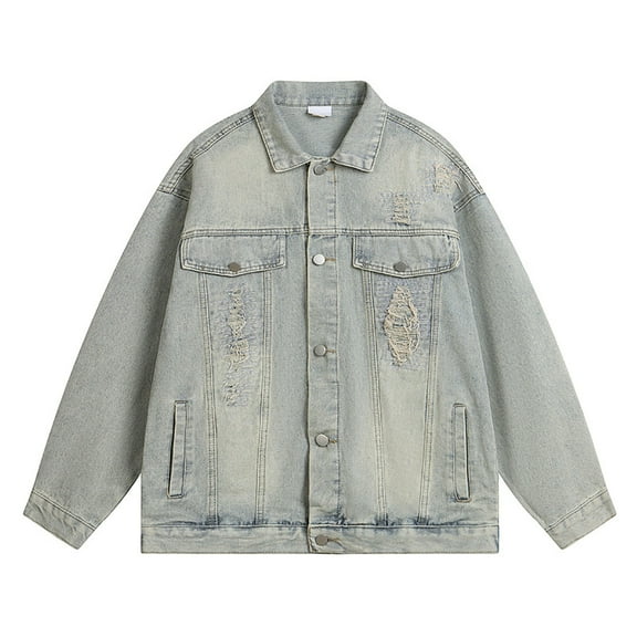 QHFBli Men's Denim Jacket with Pockets Men's Distressed Denim Jacket Washed Oversized Trucker Coat Fashion Casual Streetwear Outerwear For Spring Autumn Season Blue XL