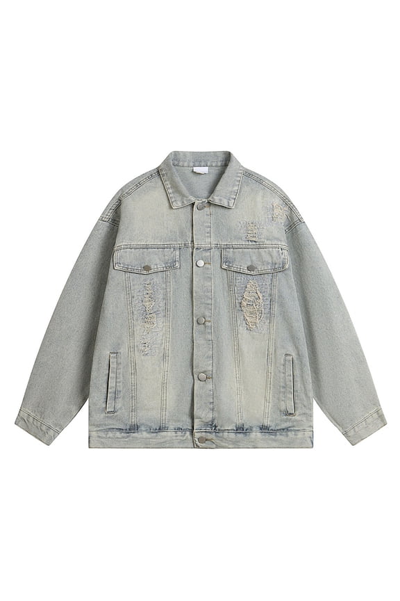 Men's Denim Jacket with Pockets Men's Distressed Denim Jacket Washed Oversized Trucker Coat Fashion Casual Streetwear Outerwear For Spring Autumn Season Blue XL