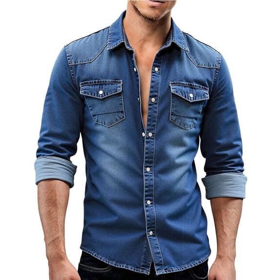 QHFBli Men's Denim Long Sleeve Shirt Slim Fit Button Down Shirt