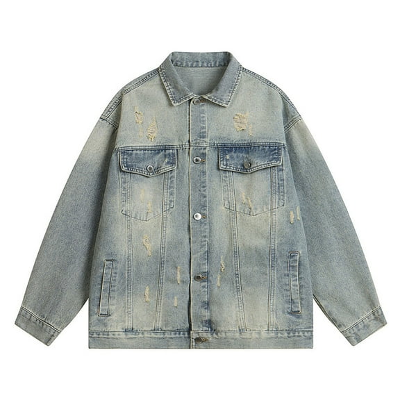 QHFBli Men's Lined Denim Jacket Men's Distressed Denim Jacket Washed Oversized Long Sleeve Casual Coat For Fall Fashion Loose Fit Youth Style Blue XXL