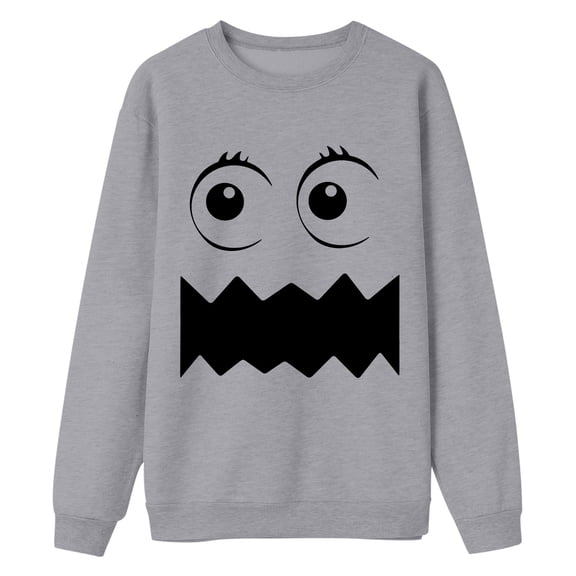 QHFBli Men's Fleece Sweatshirt Halloween Face Print Hoodless Sweatshirt Men's Casual Pullover Top For Festive Holiday And Grey L