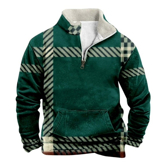 QHFBli Men's Fleece Sweatshirt Men's Loose Fit Stand Up Collar Sweatshirt Long Sleeve Pullover Casual Green XXXL