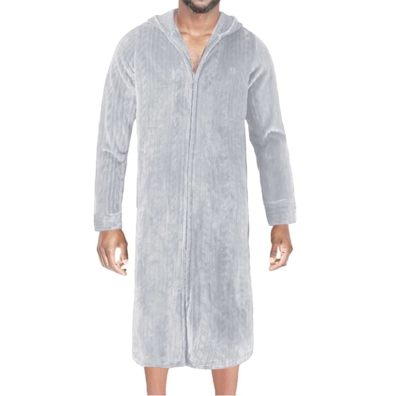 QHFBli Men's Fuzzy Bath Robe, Plush Long Zip Front Flannel Bathrobe Loungewear Soft Warm Cozy Spa Shower Robe for Winter
