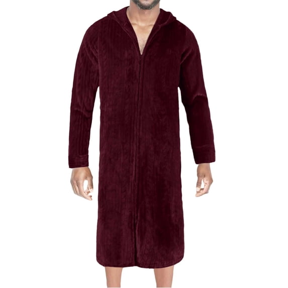 QHFBli Men's Fuzzy Bath Robe, Plush Long Zip Front Flannel Bathrobe Loungewear Soft Warm Cozy Spa Shower Robe for Winter