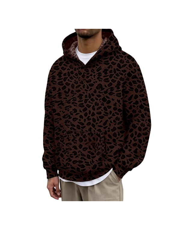 Men's Leopard Print Hoodies Oversized Cheetah Sweatshirts Vintage Casual Long Sleeve Pullover With Pockets