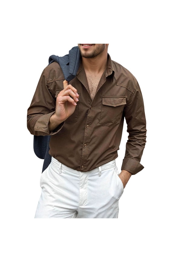 Men's Long Sleeve Button Up Shirt Jacket with Flap Pockets
