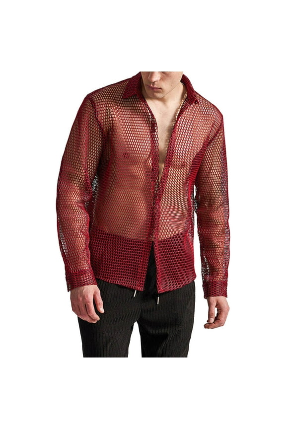 Men's Mesh Shirt​ Fishnet Top Long Sleeve Button Down Top See Through Nightclub Undershirts
