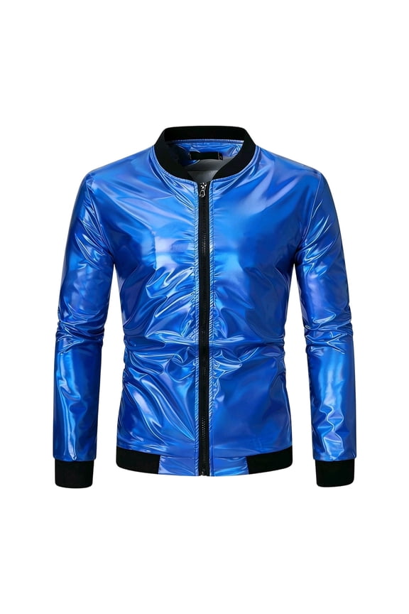 Men's Metallic Jacket 70s Disco Dance Party Shiny Varsity Zipper Baseball Bomber Jacket