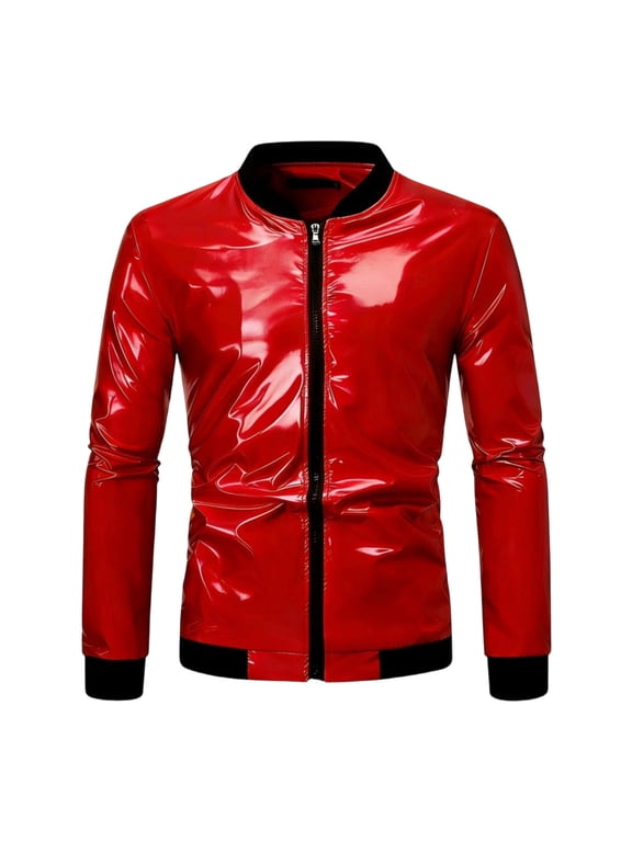 Men's Metallic Jacket 70s Disco Dance Party Shiny Varsity Zipper Baseball Bomber Jacket