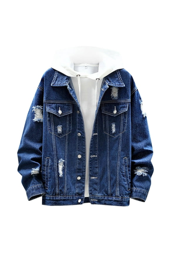 Men's Oversized Denim Jacket Mens Classic Denim Jacket for Autumn Winter Season with Long Sleeve Solid Design Casual Outerwear Coat Dark Blue XXL