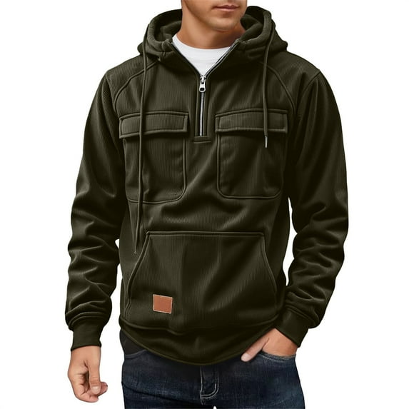 QHFBli Men's Pullover Hoodie Mens Corduroy Raglan Sleeve Zip Pocket Hooded Pullover Sweatshirt for Autumn Winter Daily Casual Wear Green S