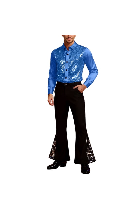Men's Sequin Shirts and Flare Pants Set Glitter Boot Cut Dance Costumes Rave 70s Disco Outfits Formal Suits