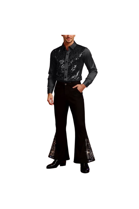 Men's Sequin Shirts and Flare Pants Set Glitter Boot Cut Dance Rave 70s Disco Outfits Formal Suits
