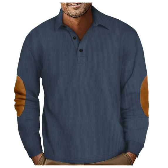 QHFBli Men's Solid Color Crewneck Sweatshirt Men's Corduroy Lapel Casual Shirt Colorful Applique Design Hoodless Sweatshirt Top for Autumn Navy S