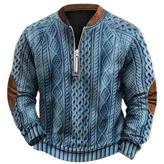 QHFBli Men's Vintage Crewneck Sweatshirt 2024 Autumn Winter Men Fashion Casual 3D Digital Print Knitted Sweater Fabric Half Zip Round Neck Sky Blue L