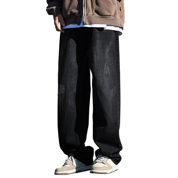 QHFBli Mens Baggy Jeans Men's Loose Fit Straight Leg Denim Jeans Casual Wide Leg Pants For Everyday Wear