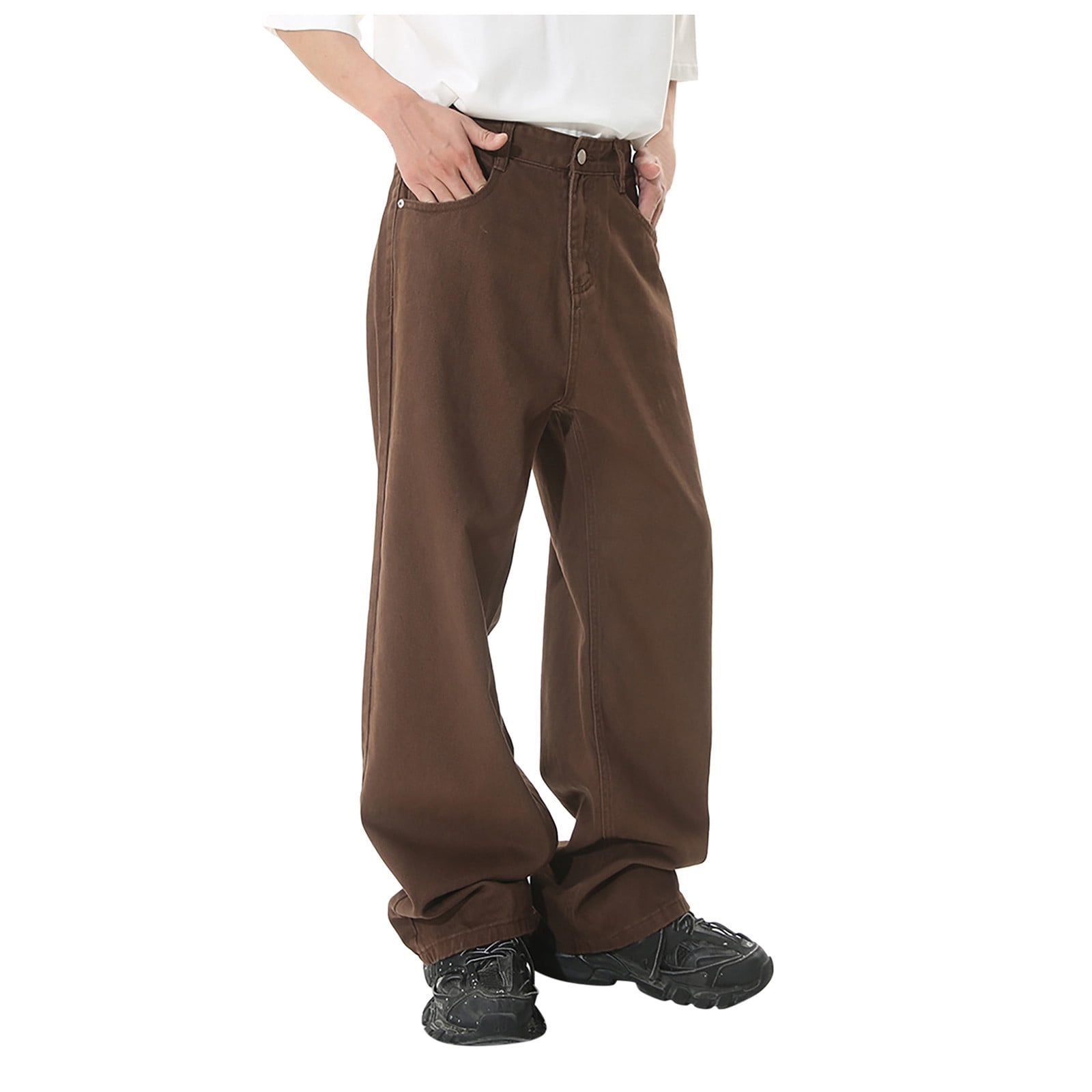 【新品】RELABEL Baggy Jeans Brown QHFBli Mens Baggy Jeans Skater Vintage Plain Pants Casual Wide Leg