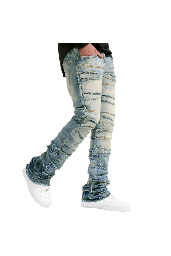 Mens Baggy Jeans Slim Fit Flared Jeans Comfort Denim Pants 60s 90s Retro Trousers Tie Dye Bottoms Jeans