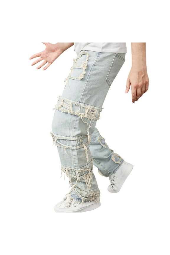 Mens Black Stacked Jeans Slim Fit Ripped Jeans Destroyed Straight Denim Pants Harajuku Hop Trouser