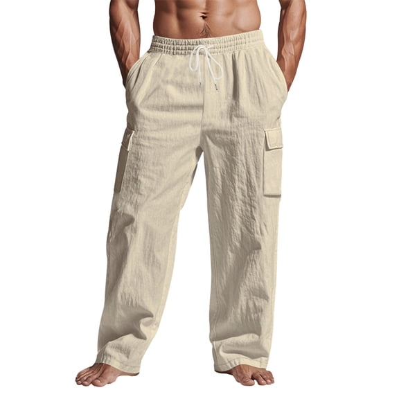 QHFBli Mens Casual Cargo Pants Summer Vacation Lightweight Drawstring Pants Elastic Waist Beach Yoga Trousers with Pockets