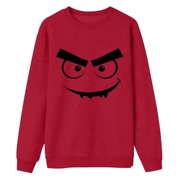 QHFBli Mens Casual Crewneck Sweatshirt Halloween Face Print Hoodless Sweatshirt For Men Stylish Comfortable Crewneck Pullover Casual Red M