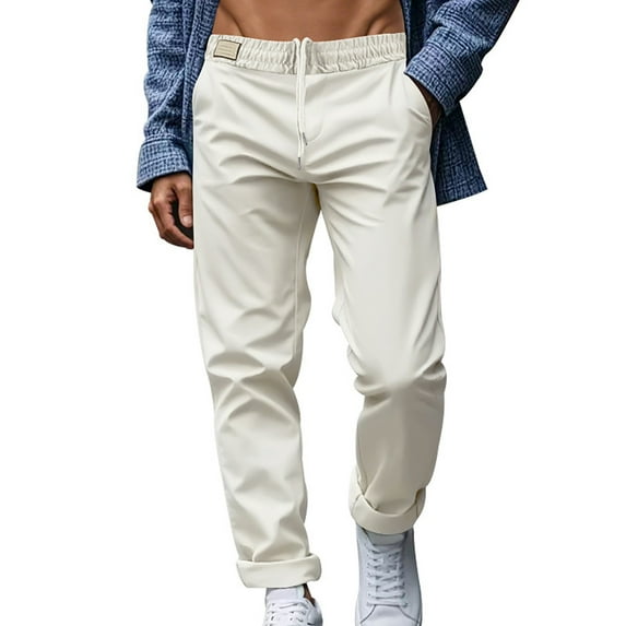 QHFBli Mens Casual Pants Relaxed Fit Flat Front Expandable Waist Chino Slack Trousers