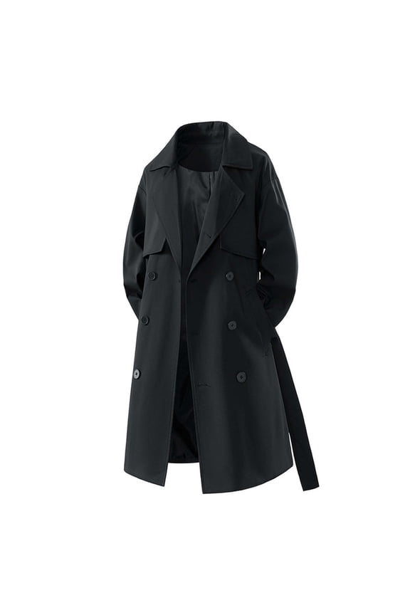 Mens Classic Trench Coat Men's Autumn Winter Loose Fit Double Trench Coat Medium Length Fashion Outerwear Classic Stylish Black S