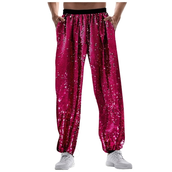 QHFBli Mens Contrast Sequin Carrot Pants Elastic Waist Skinny Straight Leg Pants