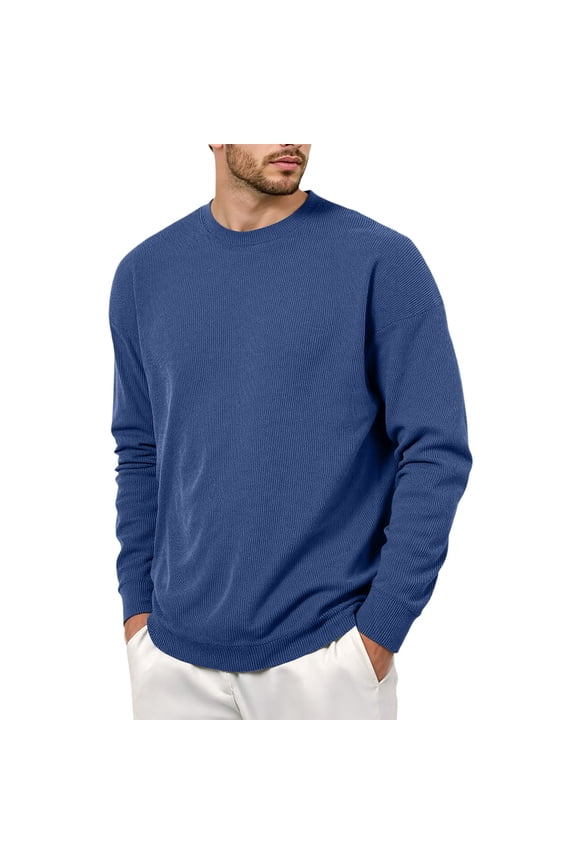 Mens Crewneck Sweatshirt Men's Corduroy Crewneck Pullover Sweatshirt Soft Casual Long Sleeve Top Comfortable Warm Winter Dark Blue L