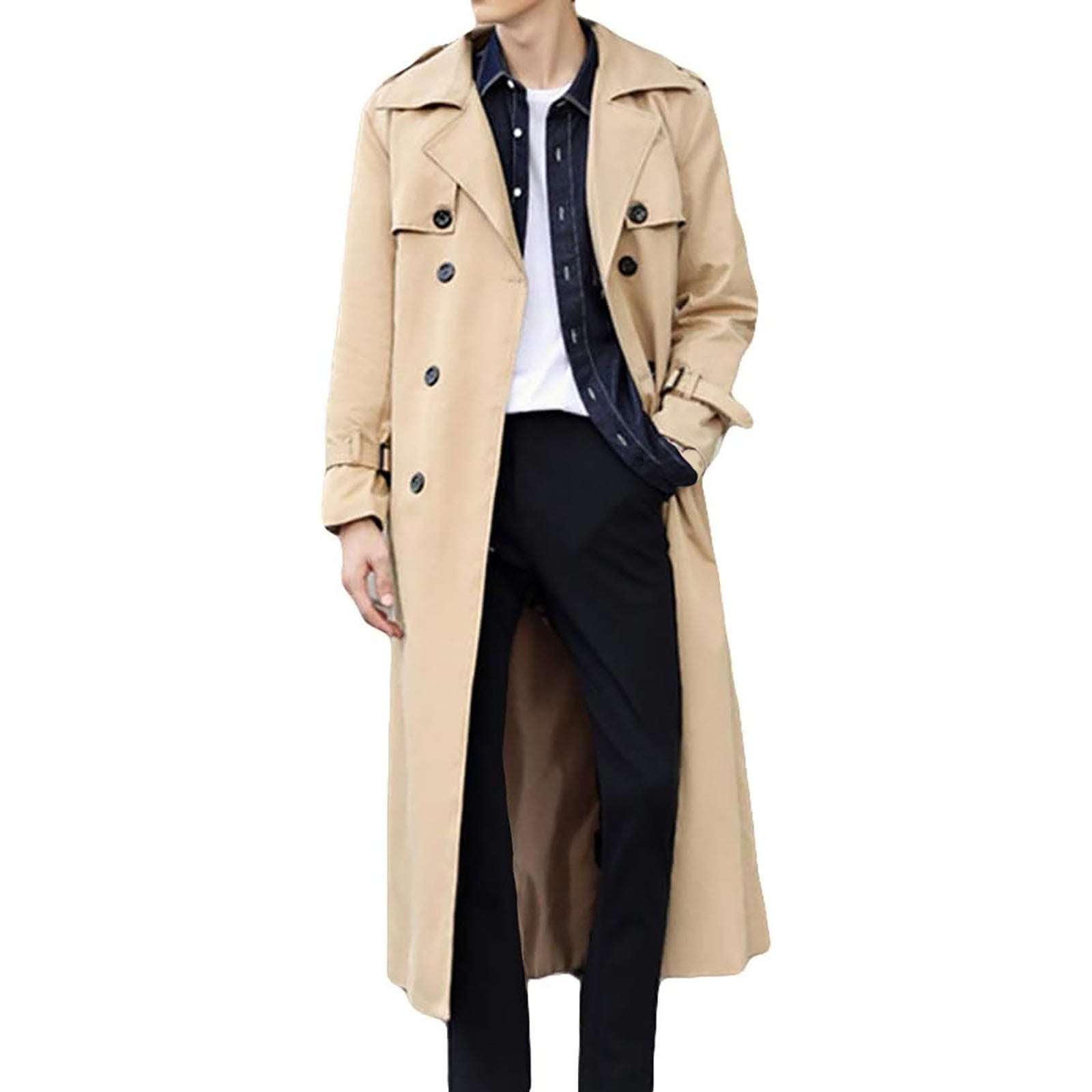 QHFBli Vintage Mens Trench Coat Classic Long Double Trench Coat