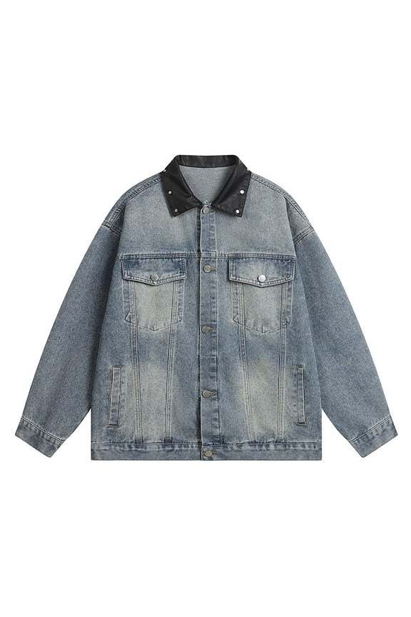 Mens Jean Jacket Men's Washed Denim Jacket With Leather Collar Loose Fit Casual Coat For Fall Fashion Outerwear Blue L