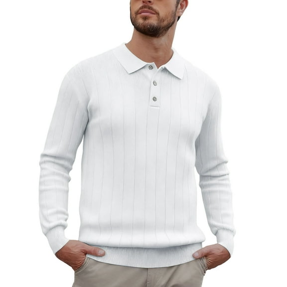 QHFBli Mens Knit Long Sleeve Polo Sweater Business Casual Collared Golf Sweaters Ribbed Textured Activewear Polos