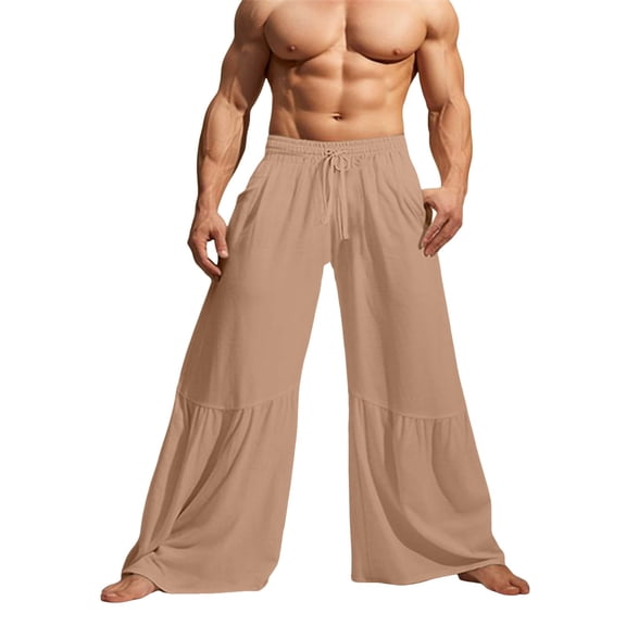 QHFBli Mens Linen Wide Leg Pants Mens High Waisted Ruffle Hem Ruched Loose Casual Summer Beach Lounge Flowy Boho Palazzo Pants Flared Trousers