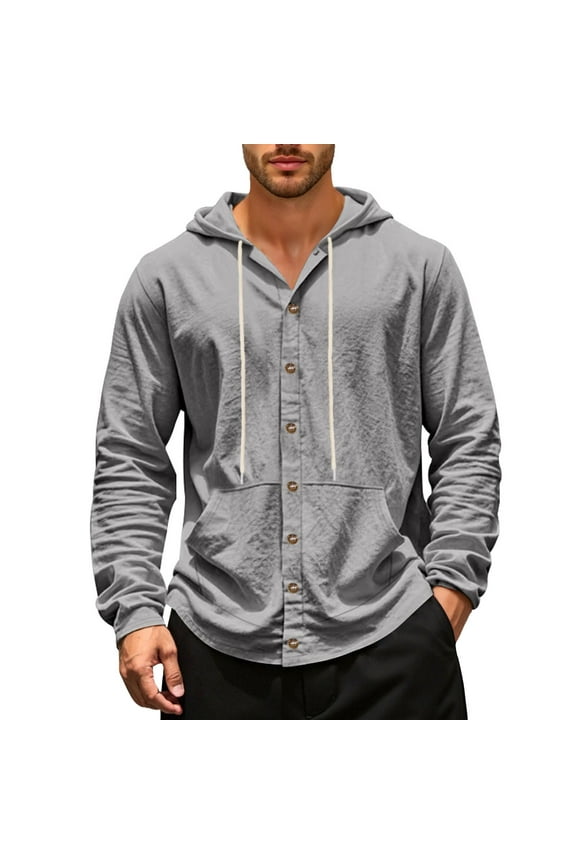 Mens Long Sleeve Hooded Shirts Casual Buttons Down Shirts with 2 Pockets