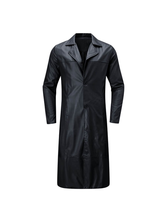Mens Long Trench Coat Autumn Winter Men's Fashionable Long PU Leather Anorak Coat Jacket Outerwear For Black XXXXXL