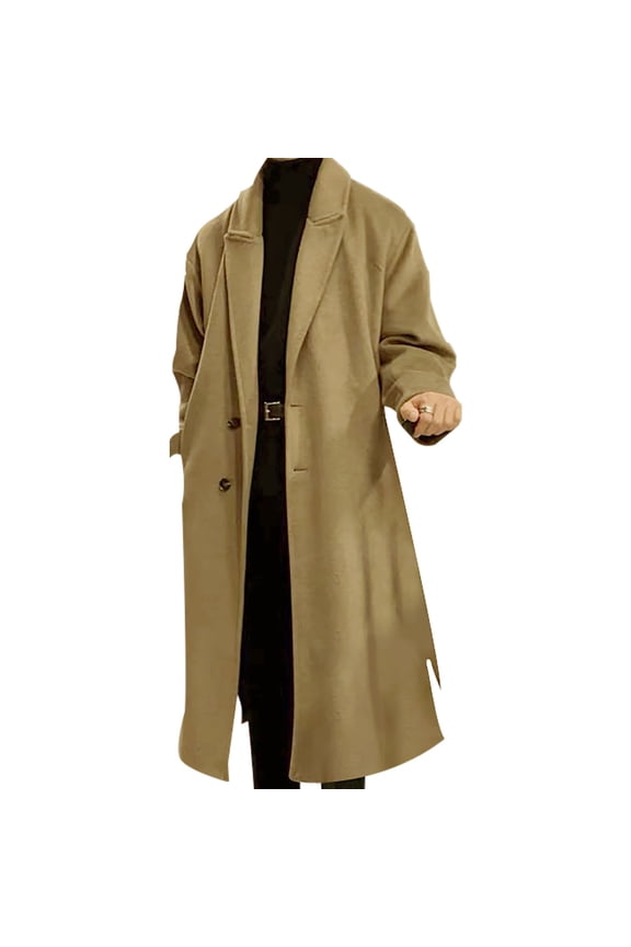 Mens Long Trench Coat Men's Retro Wool Blend Mid Length Anorak Coat for Autumn Winter Seasons with Coffee XXL