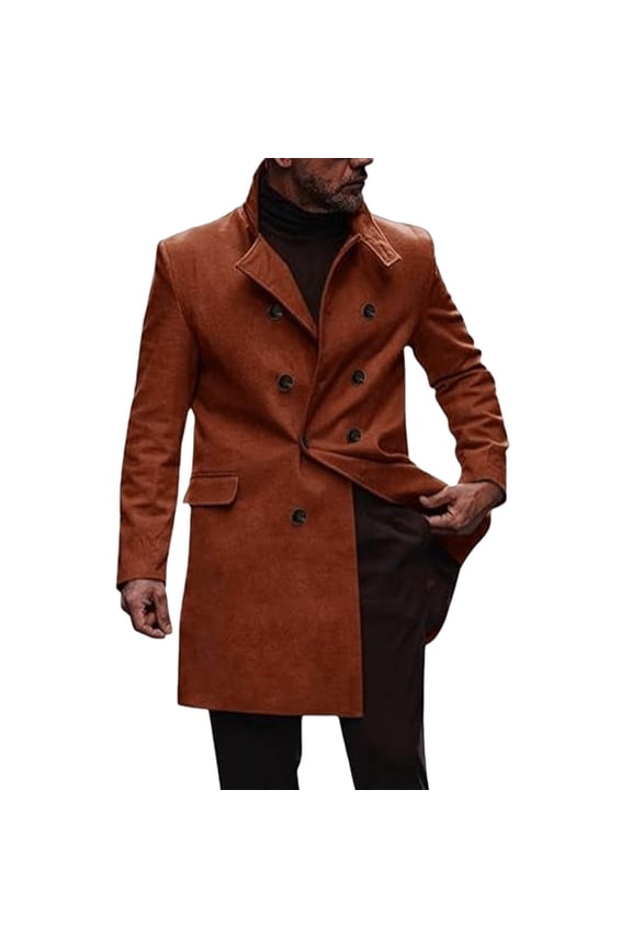 Mens Long Trench Coat Men's Winter Wool Overcoat Long Anorak Jacket Fashionable Warm Soft Orange XL