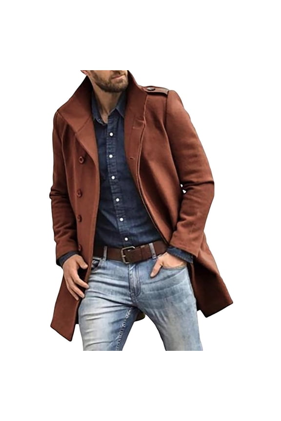 Mens Long Trench Coat Men's Wool Blend Anorak Coat Mid-Length Casual Outerwear with Red L
