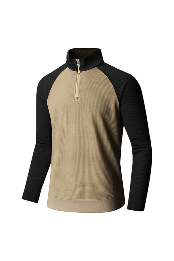 Mens Quarter Zip Pullover Quilted Sweatshirt Knit Long Sleeve Sweater Half Zip Polo Sweatshirts with Pocket