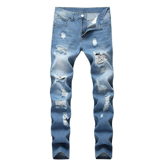 QHFBli Mens Ripped Distressed Destroyed Straight Fit Washed Denim Jeans Pants