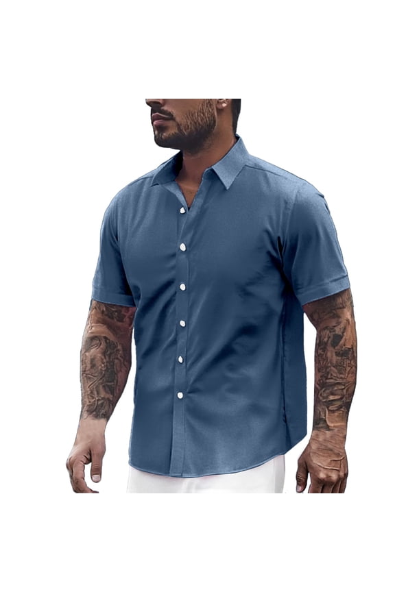 Mens Short Sleeve Dress Shirts Stretch Stain Shield Casual Button Down Shirts Solid Formal Shirt