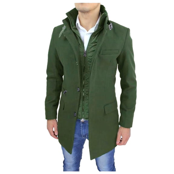 QHFBli Mens Trench Coat Men's Winter Anorak Long Wool Overcoat Fashionable Warm Soft Green M