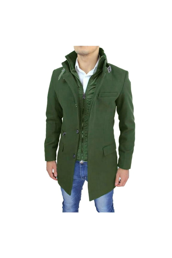 Mens Trench Coat Men's Winter Anorak Long Wool Overcoat Fashionable Warm Soft Green M