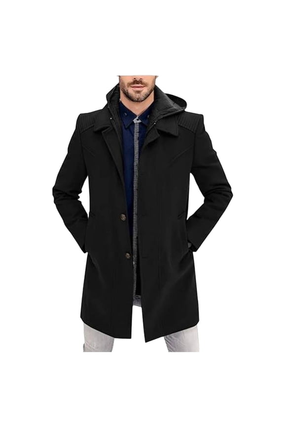 Mens Trench Coat Men's Winter Wool Overcoat Long Anorak Jacket Fashionable Warm Soft Black M