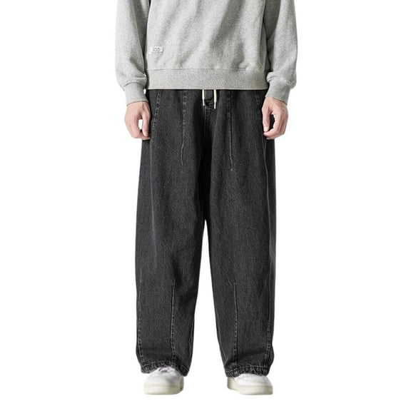QHFBli Mens Wide Leg Jeans Elastic Waist Baggy Jeans Casual Drawstring Denim Pants Trousers