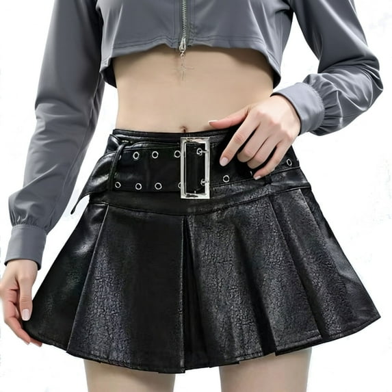 QHFBli Mini Skirt Buckle Belted High Waisted Pleated Flare PU Leather Short Goth Skirts for Women